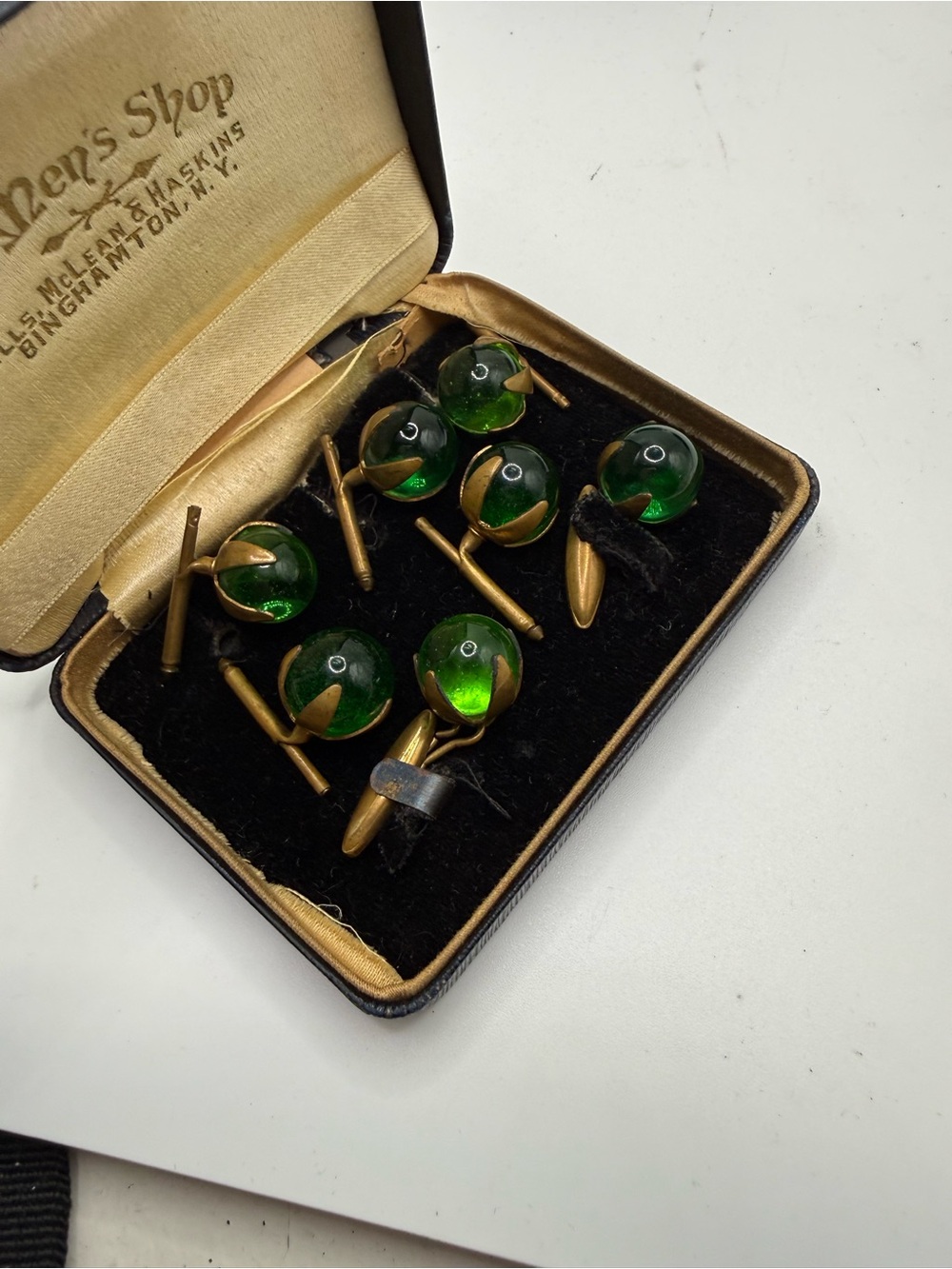 Victorian Green Glass and Brass Cufflinks 5 studs Set -